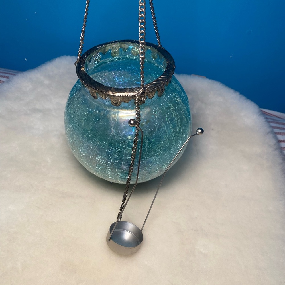 Hanging Lantern Irridescent Blue (green) crake Glass Moroccan Style - Picture 5 of 10